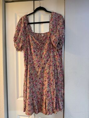 Old Navy Pink Floral Smocked Top with Olive & Coral Accents